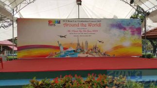 Event backdrop with around the world design theme