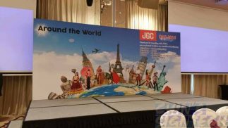 18 x 8ft JGC Dinner and dance stage backdrop with around the world design