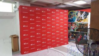 3.25 x 2.25m Fabric Pop Up display with step and repeat logo
