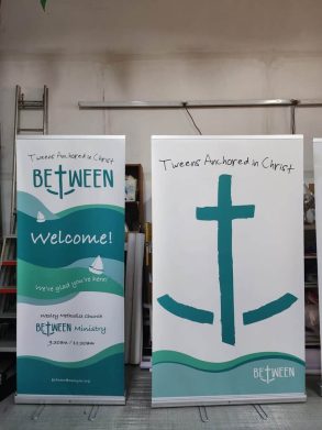 Pull up banners in 2 different sizes.