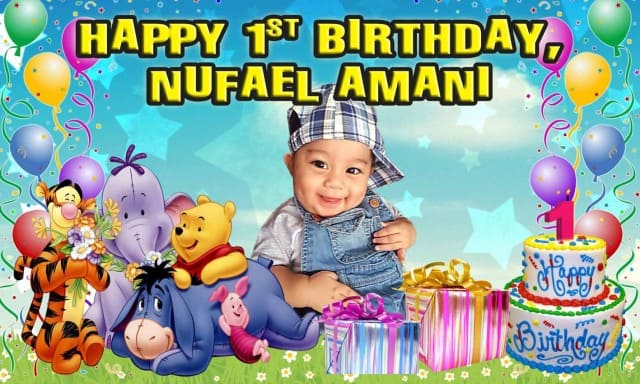 1st Birthday banner Winnie the pooh with real cake on banner